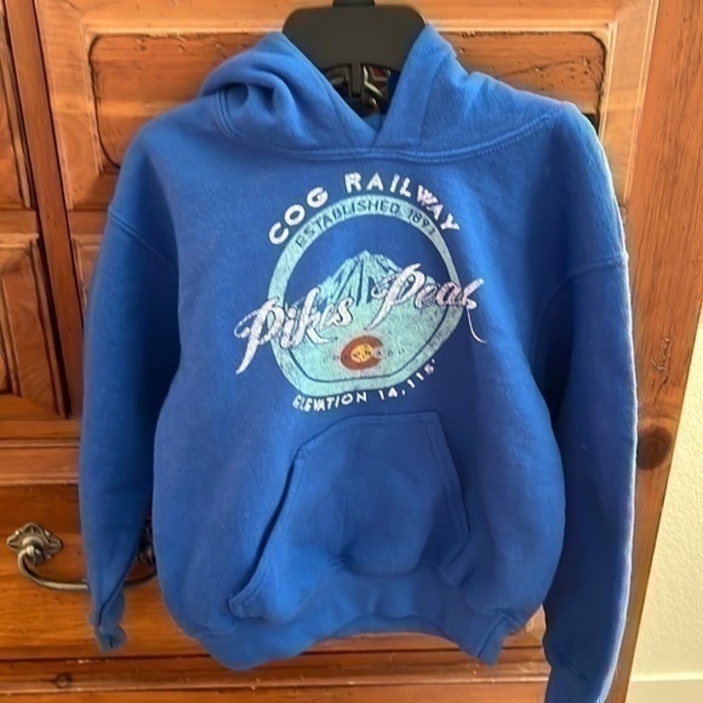 Kids Pikes Peak Cog Railway blue hooded sweatshirt size XS NWOT